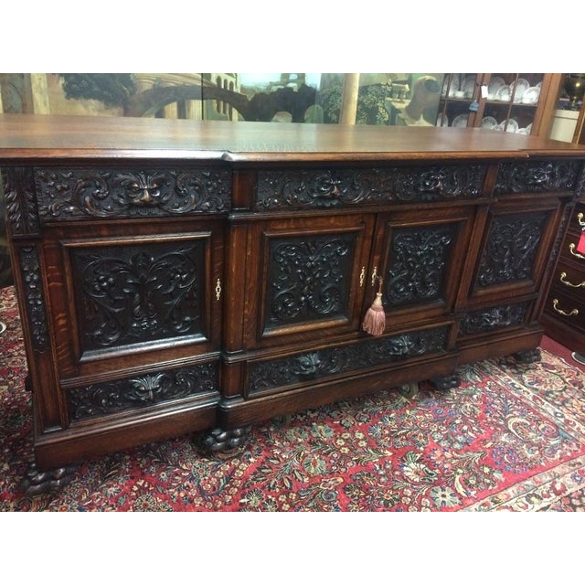 Wood Monumental Antique Oak Buffet, Victorian Carved Sideboard For Sale - Image 7 of 12
