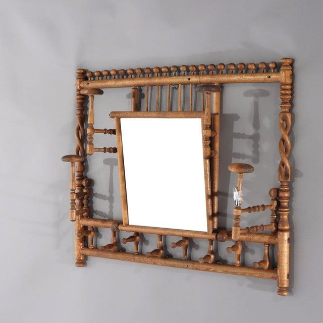 Victorian Antique Oak Stick & Ball Hat Rack With Mirror C1920 For Sale - Image 3 of 9
