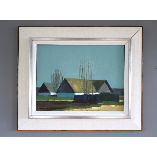 QUIET FARMSTEAD Size: 20.8 x 25 inches (including frame) Oil on canvas A calm and serene mid-century landscape that...