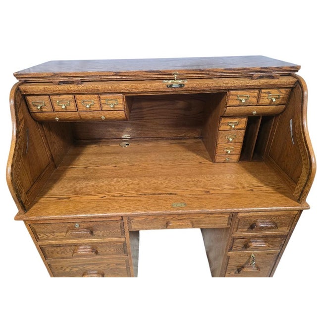 Brown Late 20th Century Winners Only Solid Oak Roll Top Executive Desk With Keys For Sale - Image 8 of 11