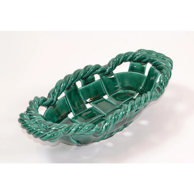 Vallauris France Glazed Woven Ceramic Basket Emerald Green Mid-Century Modern For Sale - Image 12 of 12