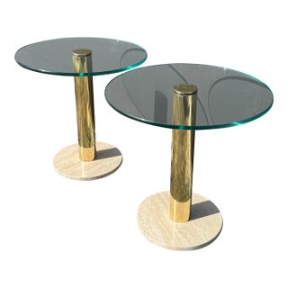Pair of Leon Rosen for Pace Collection Round Glass/Brass/Travertine Side Tables For Sale