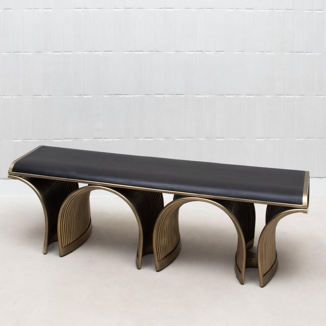 Modern Bench in Black Oak With Bronze Patina Brass Legs by R&y Augousti For Sale - Image 3 of 9