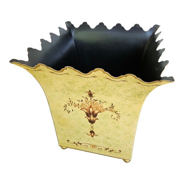 Vintage Painted Tole Scalloped Top Wastebasket For Sale