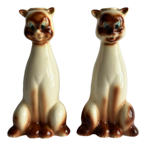 Vintage 1950s Century Ceramic Siamese Cat Bottle Vases- A Pair