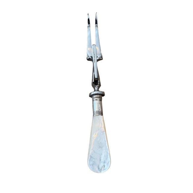 Antique Mother of Pearl/ Sterling Silver Cuff/Stainless Carving Fork With Retractable Guard For Sale In Detroit - Image 6 of 6