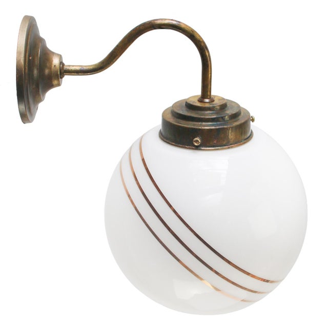 1950s French White Opaline Glass and Brass Bistro Sconce with Gilt Stripes For Sale - Image 5 of 7