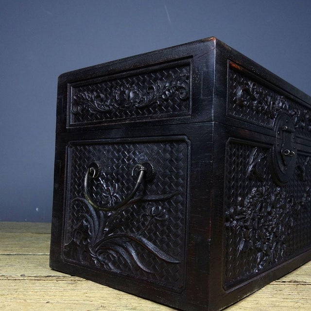 Wood Antique Zitan Wood Carved "Brocade and Flowers" Document Box / Treasure Chest For Sale - Image 7 of 9