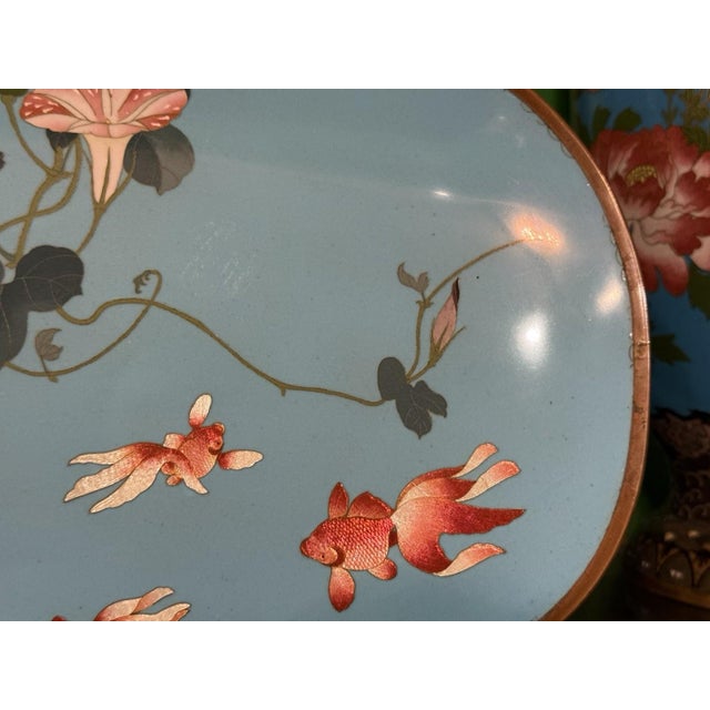 Cornflower Blue Signed Gonda Japanese Cloisonne Enamel Tray With Goldfish and Morning Glory For Sale - Image 8 of 15