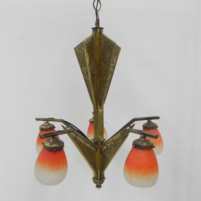 Art Deco Brass Hanging Lamp with 5 Pates De Verre Shades, 1930s For Sale - Image 17 of 18