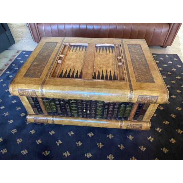 1990s Maitland-Smith Leather Stacked Books Game Table / Trunk Coffee Table With Backgammon & Checkers Board For Sale - Image 14 of 18
