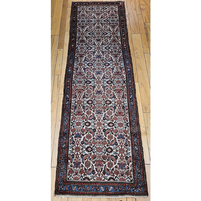 Vintage Persian Malayer Runner Rug, Hand-Knotted Wool, Geometric Pattern, 3x9, Ivory & Blue For Sale In Chicago - Image 6 of 13