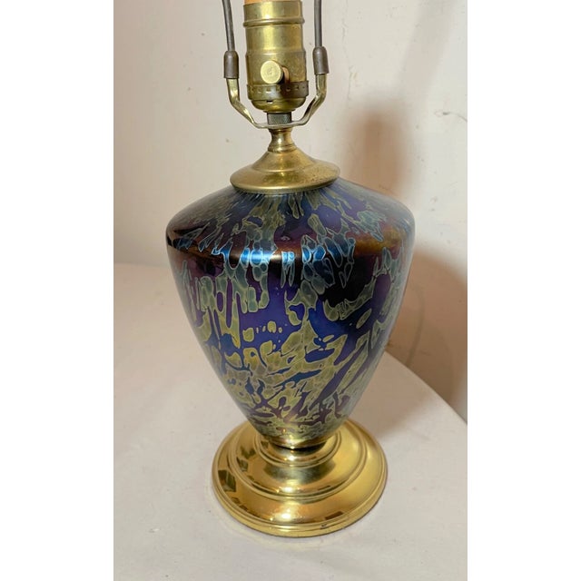 Blue Vintage Hand Blown Iridescent Aurene Studio Lustre Glass Electric Table Lamp For Sale - Image 8 of 16