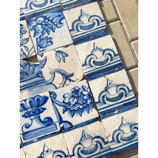 Ceramic Antique 18th Century Portuguese Blue & White Flowerpiece on a Classical Stand Tile Mural For Sale - Image 7 of 16
