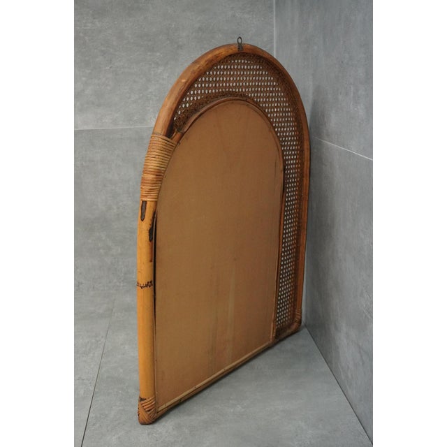 Boho Chic Mid-Century Italian Arch Wall Mirror in Bamboo and Woven Wicker, 1970s For Sale - Image 3 of 6