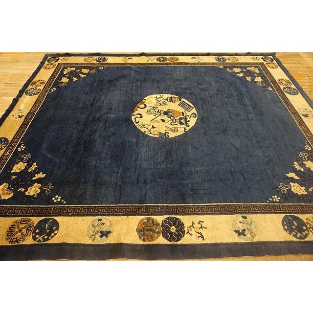 1920s Navy Field Medallion Floral Greek Key Antique Chinese Peking Rug For Sale In New York - Image 6 of 9