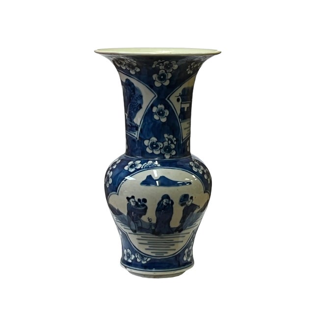 2010s Vintage Chinese Blue White Porcelain Scenery Wide Mouth Vase For Sale - Image 5 of 5