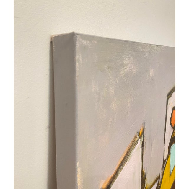 An abstracted still life/ interior tablescape on thick gallery wrapped canvas, edges painted gray, back wired, ready to...