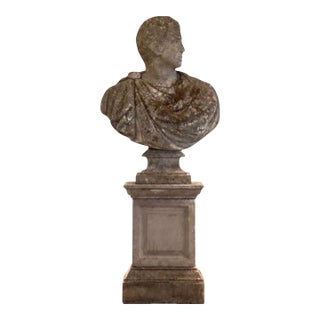Antique English Neoclassical Cast Stone Bust on Sandstone Plinth For Sale