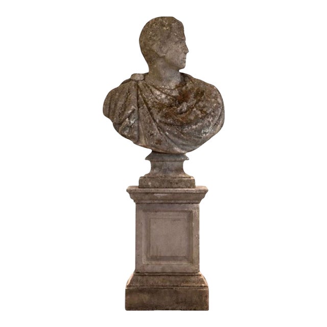 Antique English Neoclassical Cast Stone Bust on Sandstone Plinth For Sale