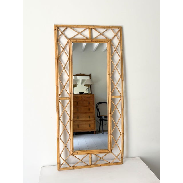 Boho Chic Mid-Century Diamond Lattice Bamboo Mirror, Italy, 1970 For Sale - Image 3 of 9