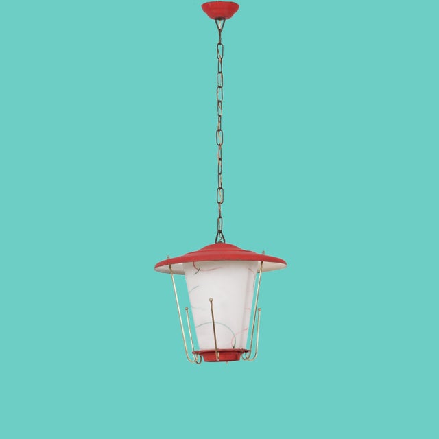 Mid-Century Italian Round Opaline Glass and Brass Red Lantern Chandelier, 1950s For Sale - Image 6 of 18