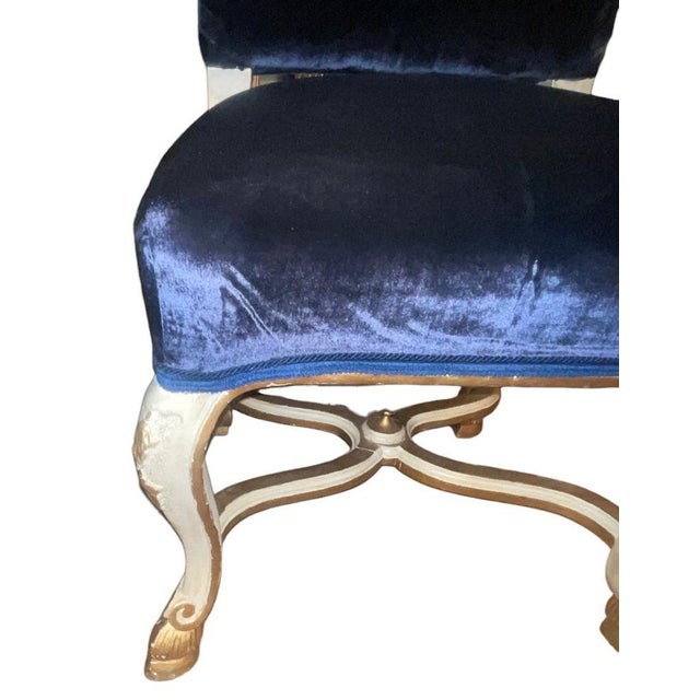 Blue Set of Eight Italian Early 20th C. Gilded and Painted Chairs With Blue Velvet For Sale - Image 8 of 10