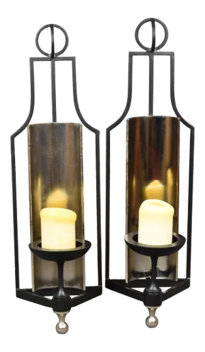 Late 20th Century Tall Neoclassic Wrought Iron and Chrome Candle Holder Sconce - a Pair