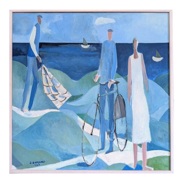 1987 Modernist 'Figures by the Sea' Vintage Swedish Original Coastal Landscape Oil Painting, Framed For Sale