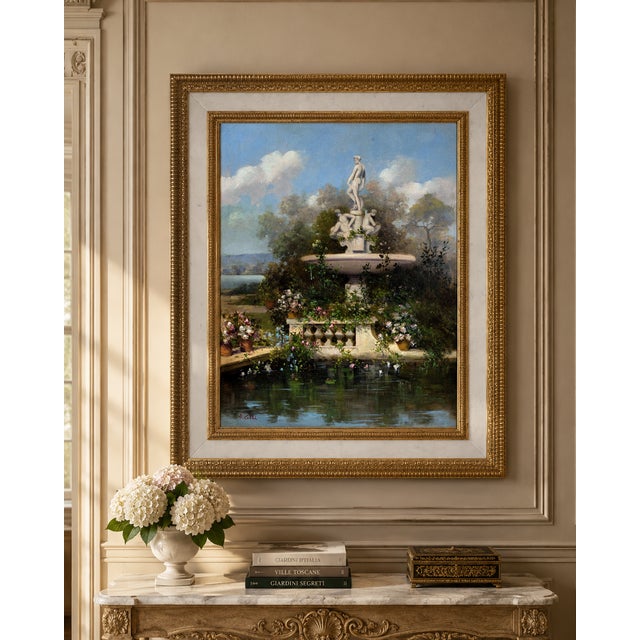 Antonio Celli, Garden with Fountain, Oil on Canvas, Framed For Sale - Image 4 of 5