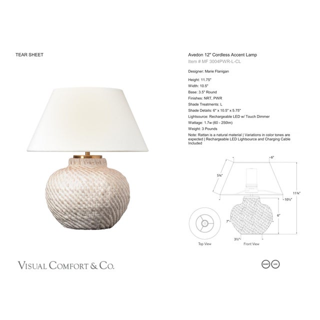 Marie Flanigan by Visual Comfort Signature Avedon 12" Cordless Accent Lamp in Plaster White Rattan with Linen Shade...