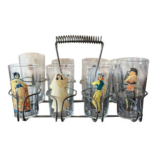 1940s Peek-a-Boo Pinup Tumblers With Brass Caddy, Set of 8 by Federal Glass For Sale