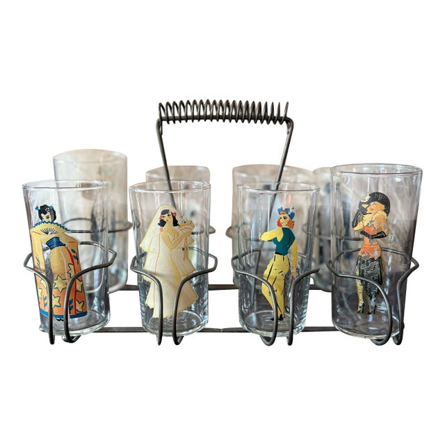 1940s Peek-a-Boo Pinup Tumblers With Brass Caddy, Set of 8 by Federal Glass For Sale