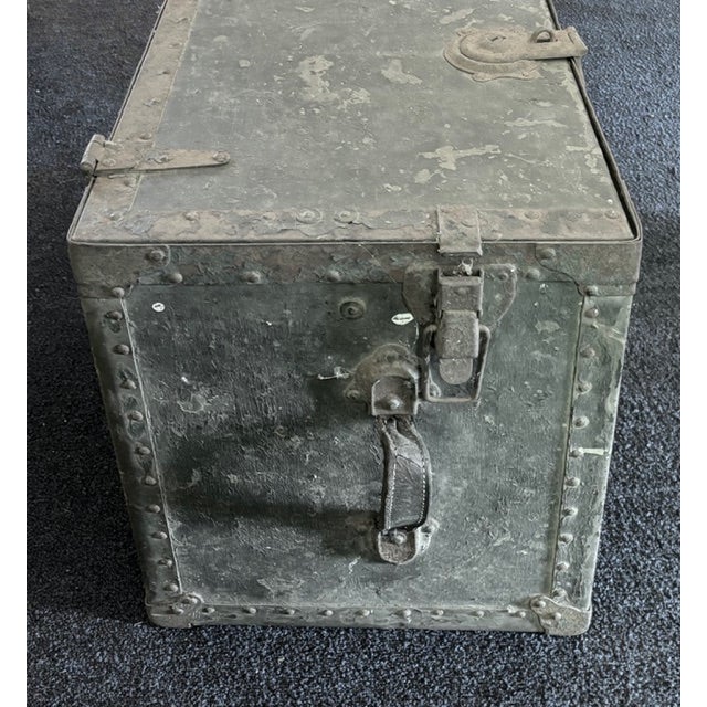 Mid-Century Modern Old Metal Trunk With Leather Handles For Sale - Image 3 of 6