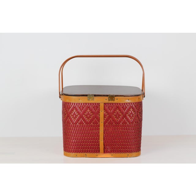 Mid-Century Red Woven Picnic Basket With Lid and Handles For Sale - Image 10 of 17