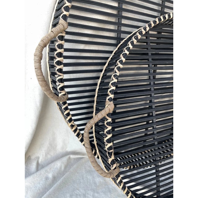Wood Large Pair of Black & Natural Round Rattan Trays For Sale - Image 7 of 9