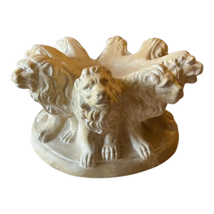 Vintage Plaster Lions Sculpture Pedestal Bowl, Shallow Planter Centerpiece