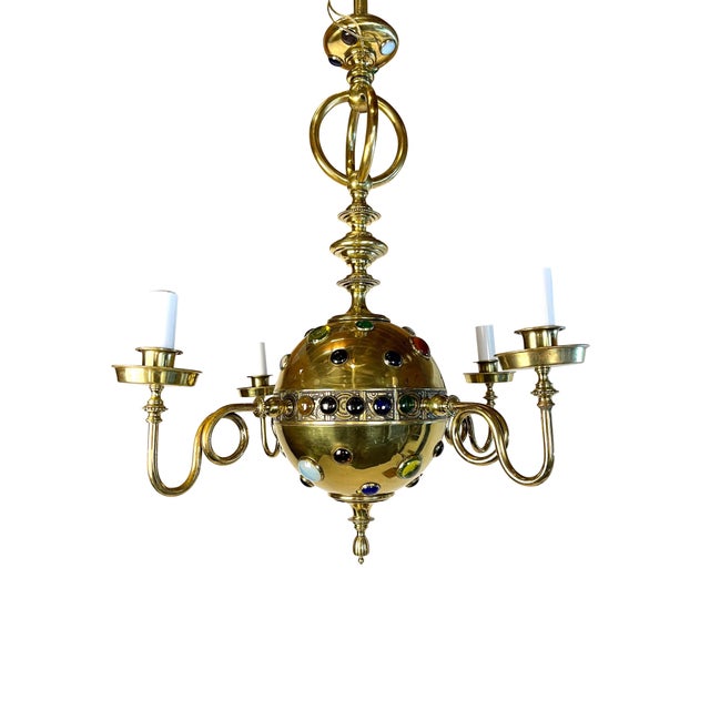 1920s Moroccan Style Brass Chandelier with Colored Stones For Sale - Image 5 of 10