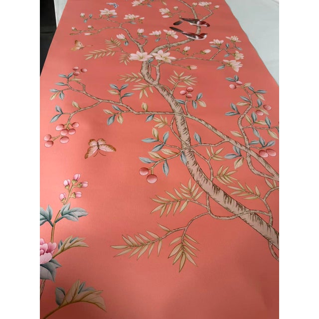 Hand-Painted Coral Chinoiserie Wallpaper Panels – Floral Bird Mural, Luxury Statement Wall Art, 3 Panels 31x78” For Sale - Image 4 of 8