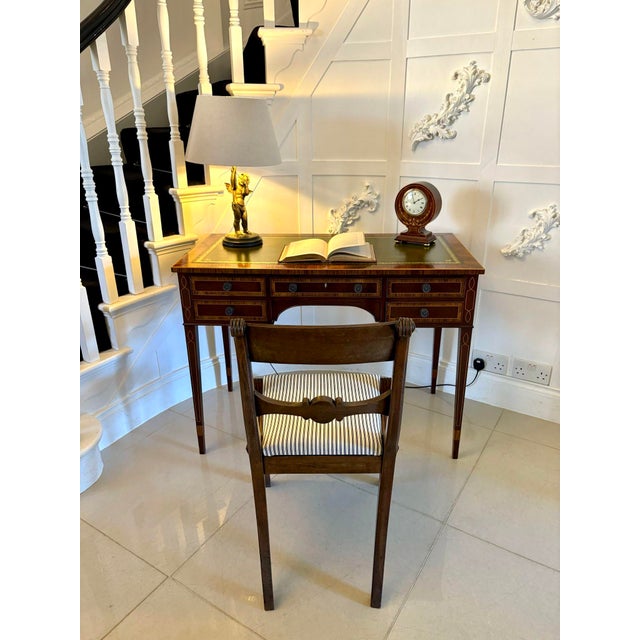 Antique Edwardian Free Standing Mahogany Four Drawer Inlaid Writing Desk, 1910 For Sale - Image 3 of 13