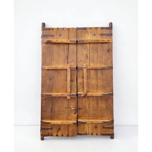 Antique Pinewood Doors With Studded Iron Bands & Sliding Latch For Sale - Image 4 of 4
