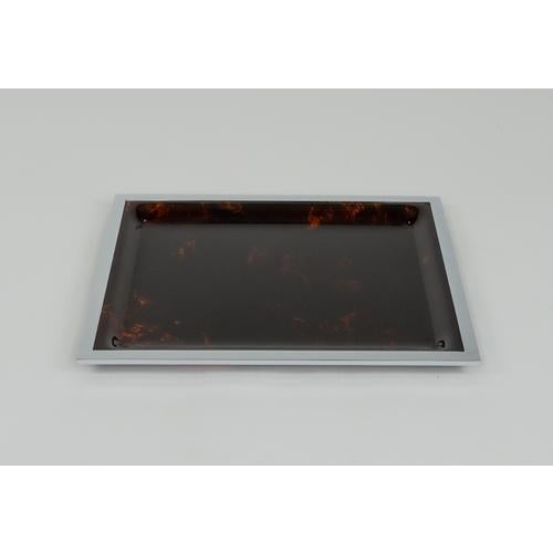 Brown Mid-Century Serving Tray in Faux Tortoiseshell & Chrome in the style of Christian Dior, Italy, 1970s For Sale - Image 8 of 9