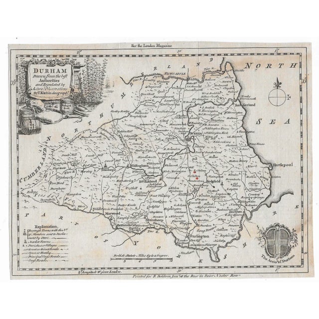 18th century British map of Durham County by Thomas Kitchin (or Kitchen, 1718-1784). Depicting: the arms of Durham...