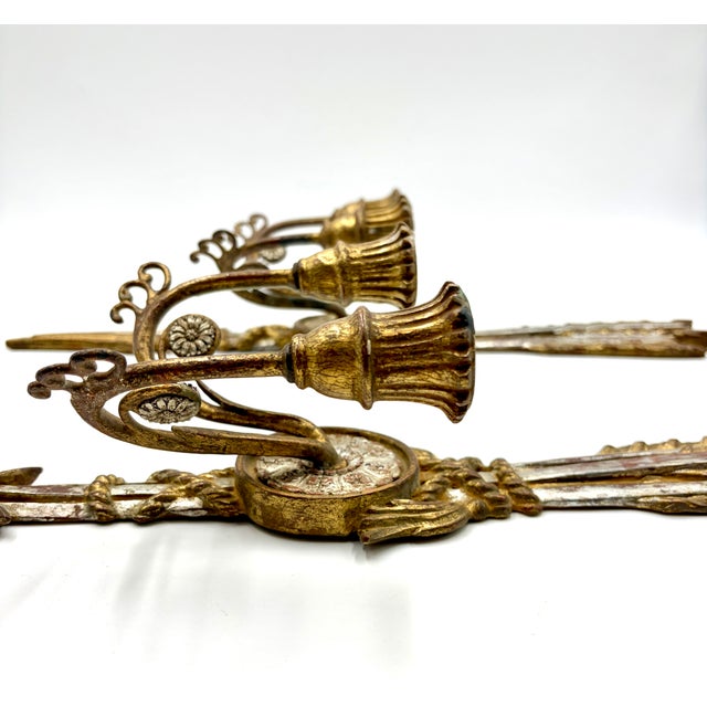 Wood Antique Italian Silver & Gold Giltwood Arrow Candle Sconces - A Pair For Sale - Image 7 of 12