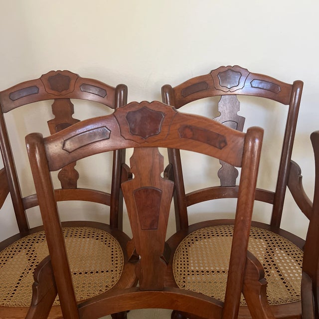Late 19th Century Walnut Cane Bottom Chairs With Burl Inlay Set of 6
