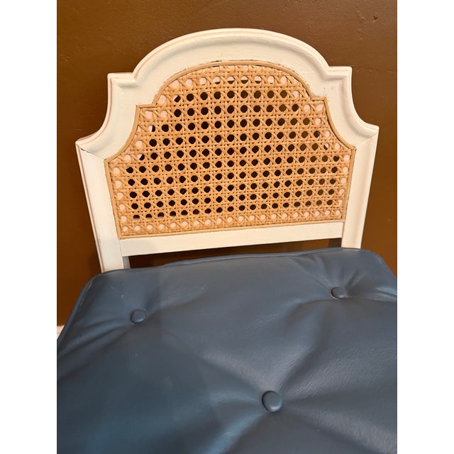Vintage Cane and Wood Vanity Chair With Custom Blue Leather Tufted Cushion For Sale - Image 12 of 15