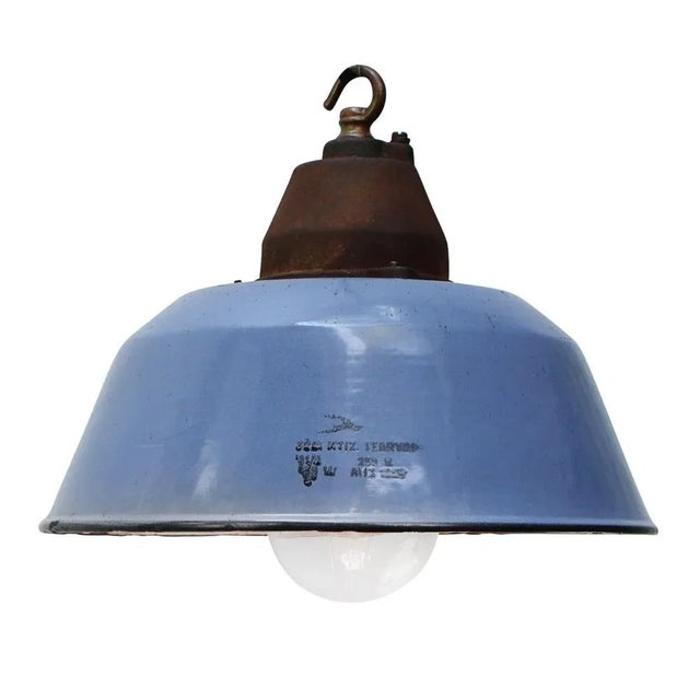Vintage Industrial Blue Enamel, Clear Glass and Cast Iron Pendant Light For Sale - Image 6 of 6