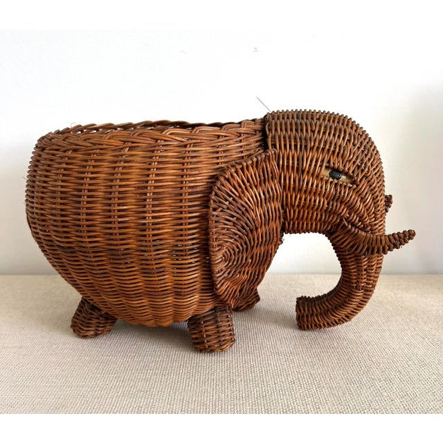 Boho Chic Vintage Large Wicker Elephant Planter Basket For Sale - Image 3 of 13