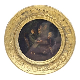 French Old Master Style Genre Scene Oil Painting “Le Jeu” Tavern Interior Round Panel 5.75" For Sale
