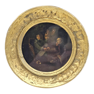 French Old Master Style Genre Scene Oil Painting “Le Jeu” Tavern Interior Round Panel 5.75"